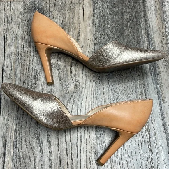 Franco Sarto Arrow Tan & Gold Metallic Leather D’Orsay High Heels, size 8 - Picture 2 of 8